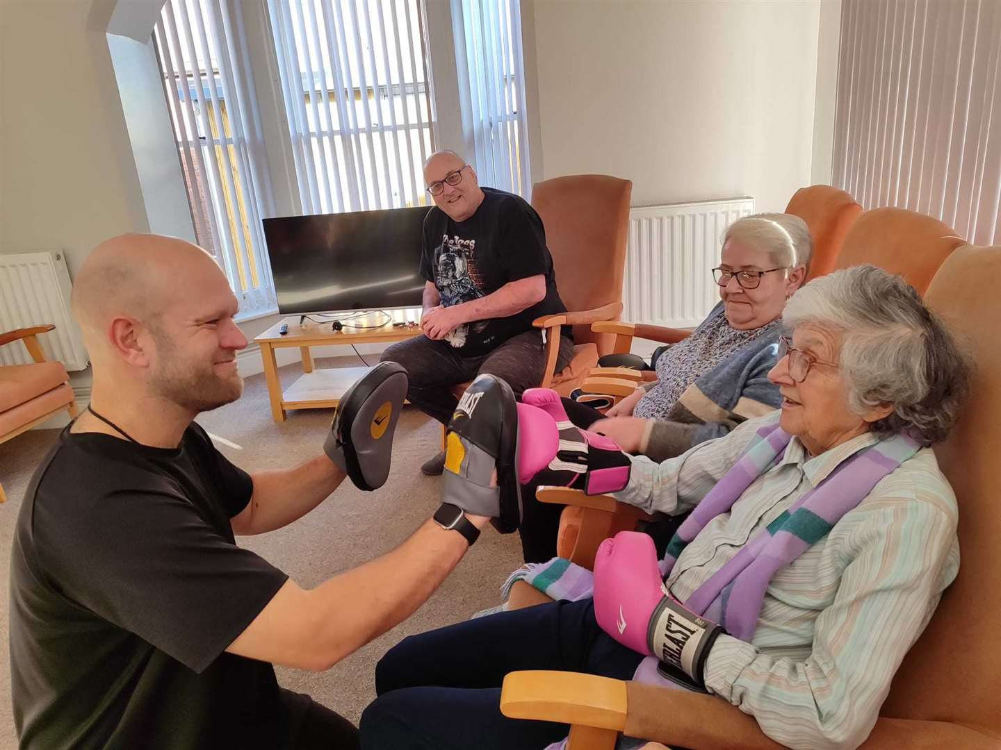 Left to right: Resident George Desantis, Julie Adlard and Sallie Anderson with instructor Adam Savage