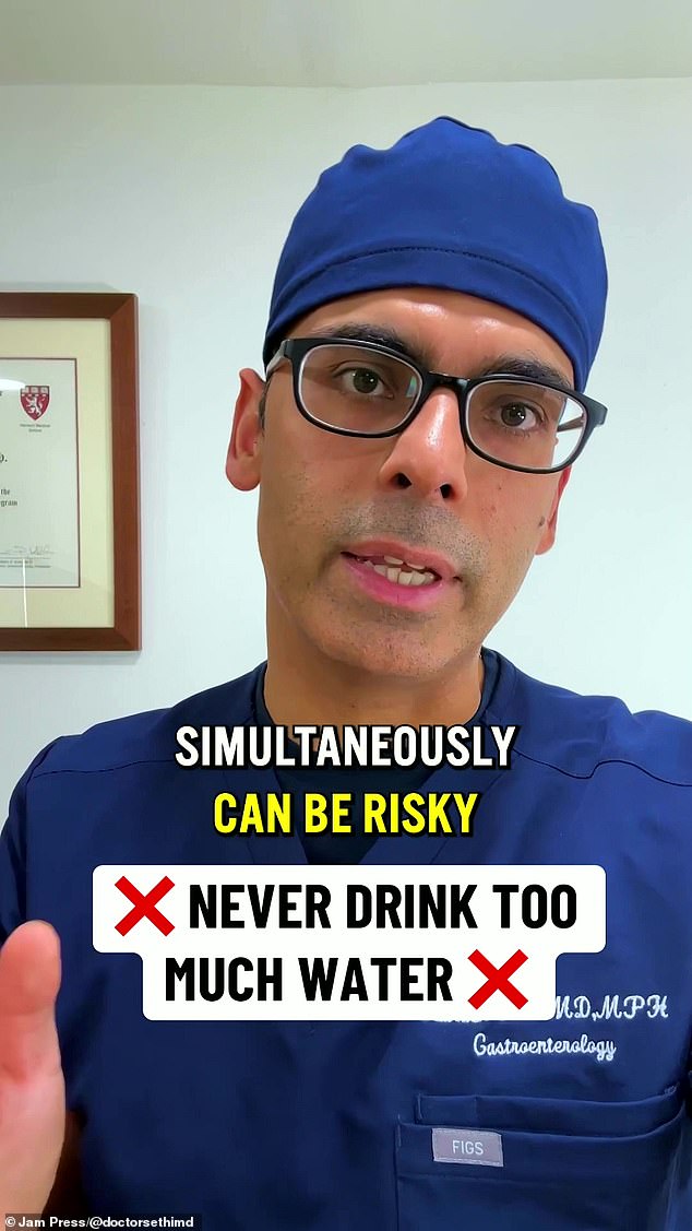 In a picture that has garnered more than 319,000 views, he revealed the dangers of drinking too much water. He begins by saying: 'If you think drinking lots of water is always safe, you might want to think again'