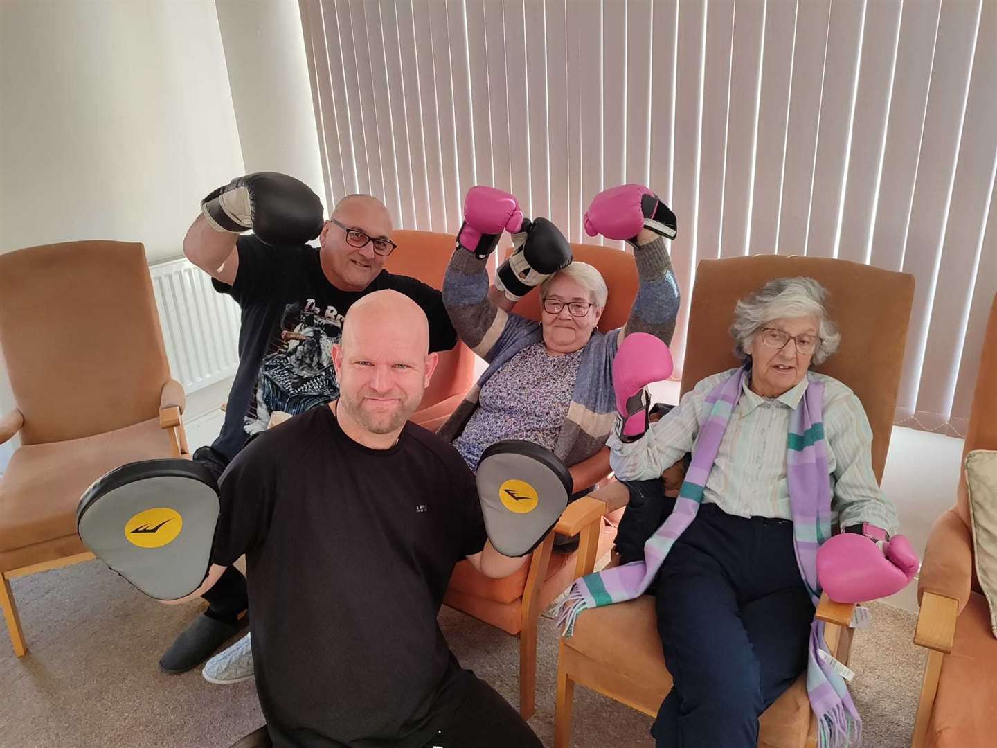 Left to right: Resident George Desantis, Julie Adlard and Sallie Anderson with instructor Adam Savage