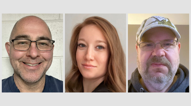Three headshots are side by side. A man with glasses is on the left, a woman with straight caramel hair is in the center, and a man wearing a baseball cap is on the right.